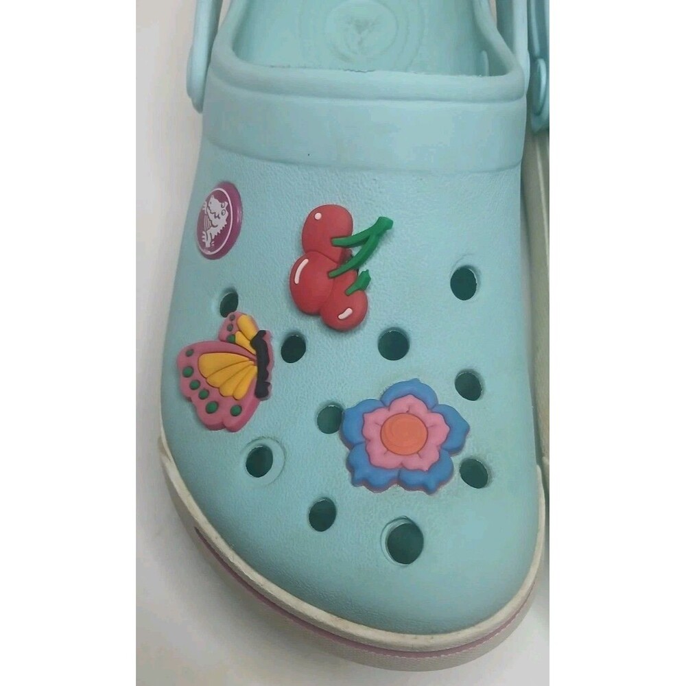 Crocs Kids Girls Sz C 12/13 Aqua Blue /Pink White w Charms Flowers Butterflies - Picture 3 of 16